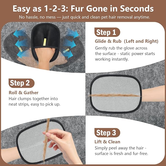 Pet Hair Removal & Grooming Gloves, Reusable Electrostatic Pet Fur Remover Mitt, Washable Shedding Brush Glove for Dog Cat, Multi Surface Lint & Fur Cleaning Tool for Furniture, Car & Carpet