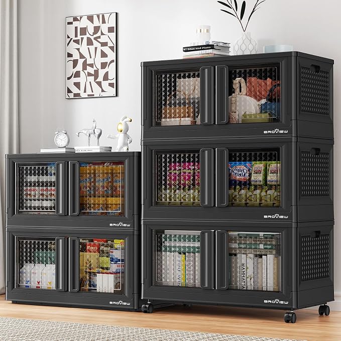 BROVIEW 500Qt Stackable Storage Bins with Lids, 125Gal Closet Organizers and Storage Drawer, Plastic Collapsible Storage Bins with Doors, Heavy Duty Store Box Cabinet for Home Kitchen, 5Pack Black
