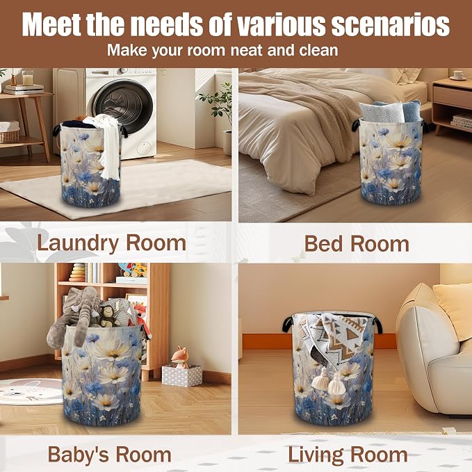 Watercolor Daisy Flower Laundry Baskets,Laundry Hamper,Storage Basket with Handles for Bathroom Bedroom College Dormitory Living Room Nursery Organizer 16"x20.8"
