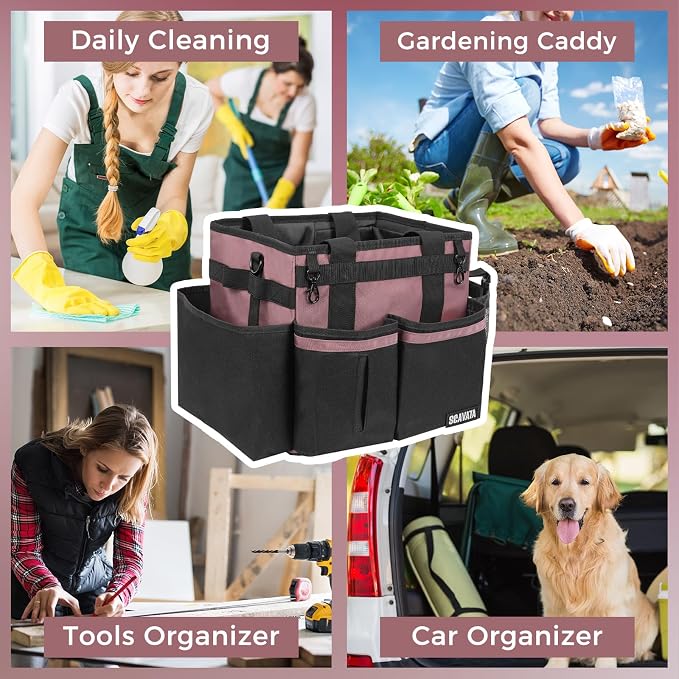 SCAVATA Compact Wearable Cleaning Caddy with Handle & Shoulder Straps | Small Cleaning Supplies Organizer, Under Sink & Car Cleaning Tools Storage Bag for Housekeepers Cleaners, LotusPink