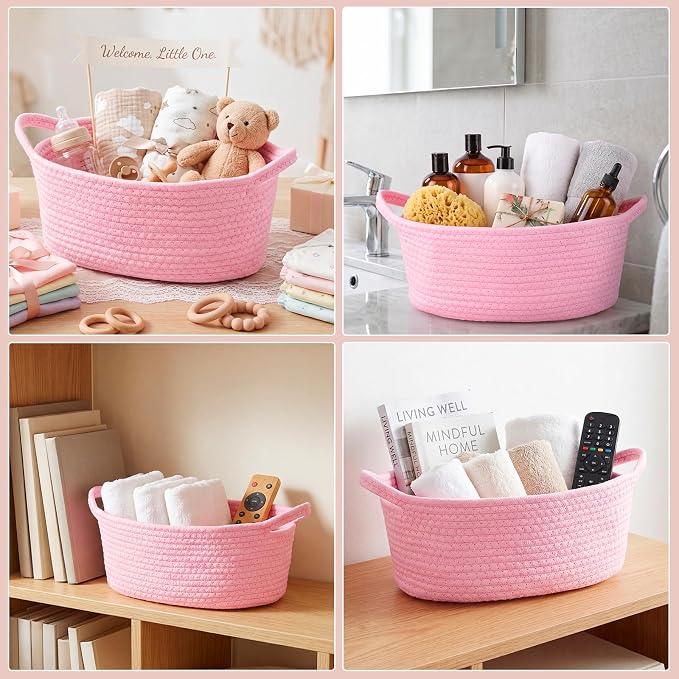 Baby Gift Basket Empty with Handle 13"x 8"x 5.5" | Woven Cotton Rope Basket for Gifts Empty Baby Shower Nursery Toy Storage Girls Living Room Bedroom Bathroom