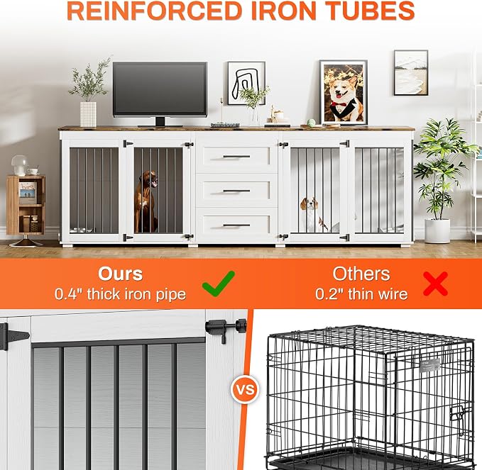 Rophefx 94.5" Dog Crate Furniture for 2 Dogs, Wooden Kennel,White Brown | Indoor double dog house with 3 storage drawers, 4 feeding bowls, lockable doors, and a wide top for large and medium dogs