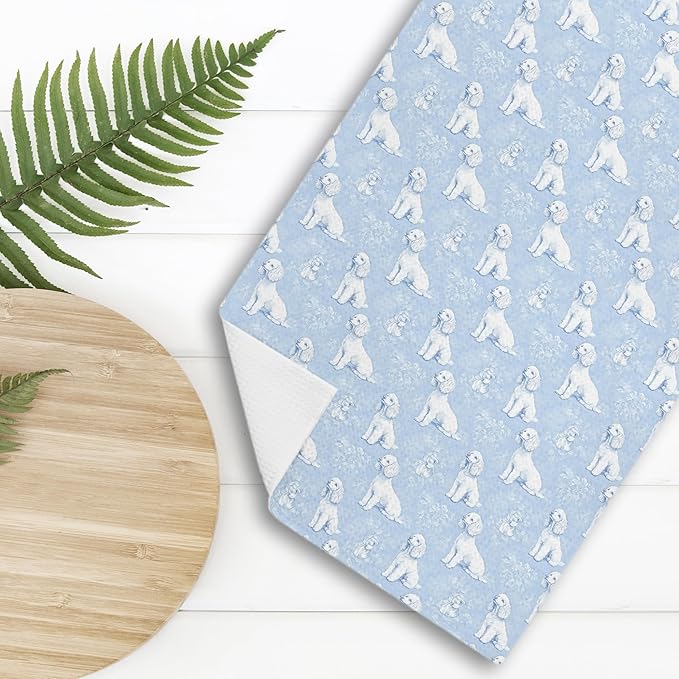 Blue Chinoiserie Poodle Decor Kitchen Towels, Blue and White Botanical Grandmillennial Dog Decorative Dish Tea Towels,Poodle Gifts for Kitchen Bathroom Decor, 16x24 Inch