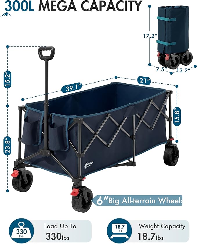 Portal Ultra Compact Folding Wagon Cart with Brakes, 300L Large Cart | Portable Outdoor Design; Durable Construction; Easy Setup & Storage; Color: Blue