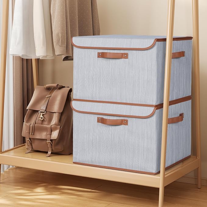 Univivi Fabric Storage Bins with Lids, Stackable Storage Box, Grey, 3 PCS | Heavy Duty, Large Capacity, Leather Handle, Linen Fabric, Sturdy PP Board, Storage Bins for Bedroom, Closet, Nursery, Office