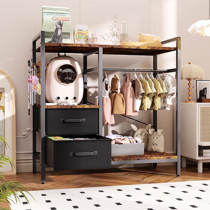 Pet Wardrobe Closet with 2 Drawers & 4 Hooks, Freestanding Pet Clothes Storage Organizer with Hanging Rod, Metal Frame Storage Cabinet for Dogs Cats