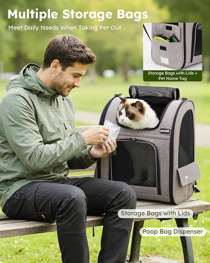 pecute Cat Backpack Expandable, Dog Carrier Backpack Breathable, Large | Durable Oxford Cloth, Lockable Zipper,Use for Pet Under 15 lbs to Travel