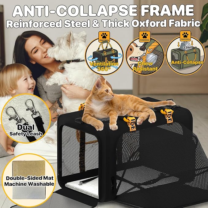 PAWZIDEA Expandable Large Pet Carrier, Soft-Sided 2–4 Cats Carrier Up 55lbs | 24"×16"×16" Collapsible Small to Medium Dog Carrier Travle Bag, Portable Dog Crate for Car Travel, Breathable, Storage Pocket