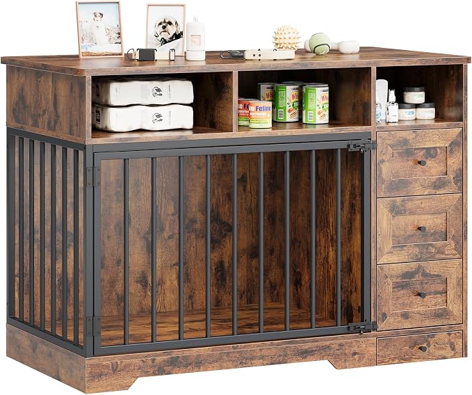 GarveeLife 48'' Dog Crate Furniture with Bowl, Medium Dog Cage, Retro Brown | Farmhouse Heavy Duty Dog Kennel with Storage Drawers, End Table for Small Medium Dogs