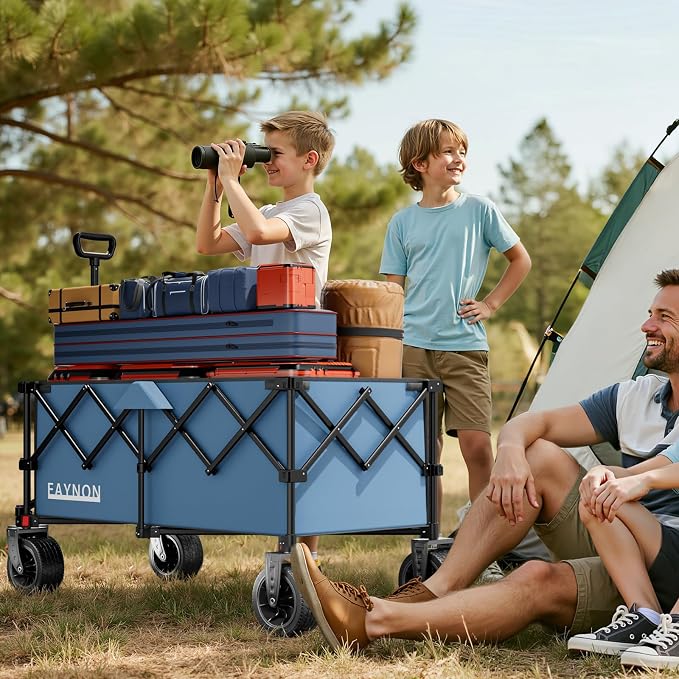 46" L Collapsible Foldable Extended Wagon, 500LB Weight Capacity with 280L Heavy Duty Folding Cart,Utility Wagon with All-Terrain Beach Wheel & Drink Holders,Light Blue