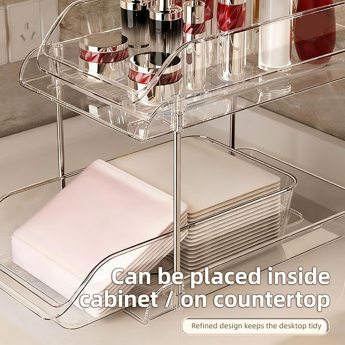 Under Sink Pull Out Organizer 2 Tier | Transparent Acrylic Shelves for Easy Viewing | Stackable Storage for Bathroom/Kitchen/Pantry | 2 Baskets, No Tools Needed