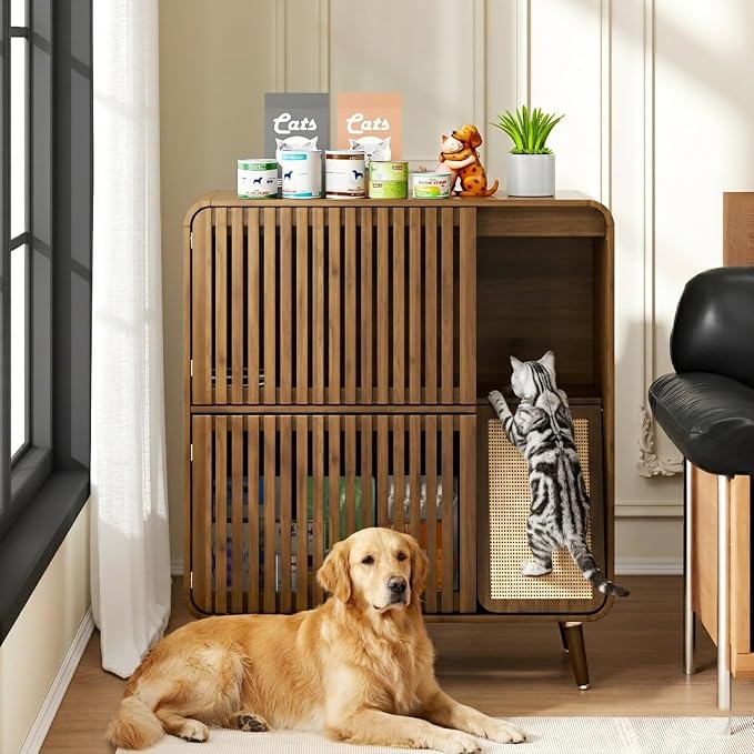 Dog Proof Cat Feeding Station, Cat Feeder Station, Pet Food Storage Walnut | Raised Bowls for Indoor Cats, Elevated Food Bowls with Stand, Cat Scratching Board, 2 Stainless Steel Bowls