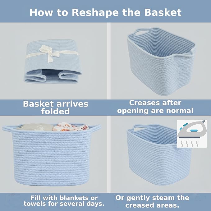 XUANGUO Woven Cotton Rope Storage Basket with Handles 13x10x9 inch Blue | Woven cotton rope basket for shelves and closets. Perfect for toys, books, clothes, nursery storage and gift baskets.