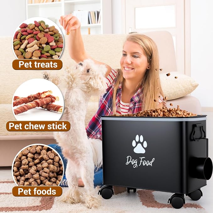 Dog Food Container 13lb, Cute Pet Food Storage with Metal Lid Scoop | Black Metal Storage Bin for Dog/Cat with Wheels,Easy to Move, Need to install