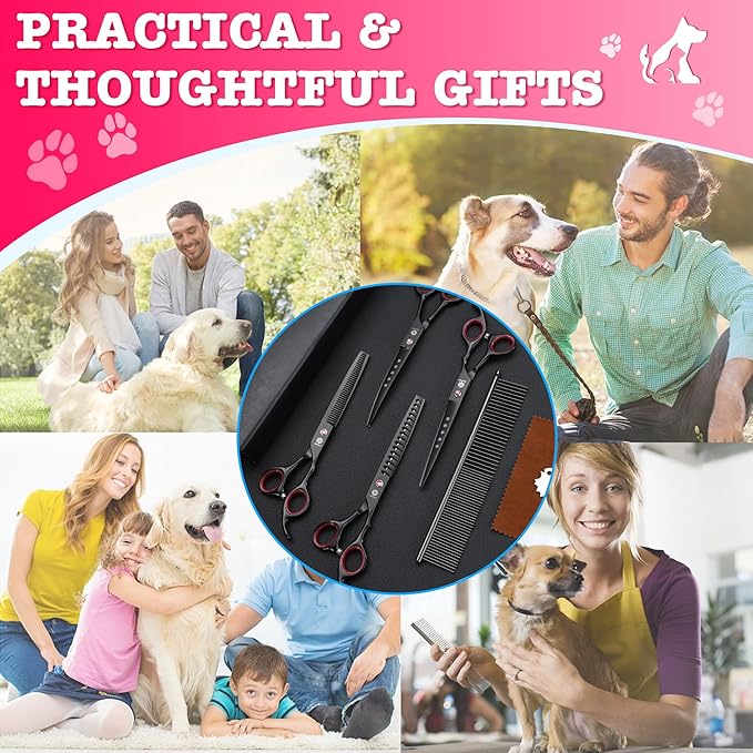 Dream Reach Dog Grooming Scissors - 7" Professional 6 in 1 Sharp Dog Shears Set Thinning, Chunker, Straight, Curved Shears and Comb for Dog Cat Pet, Pink