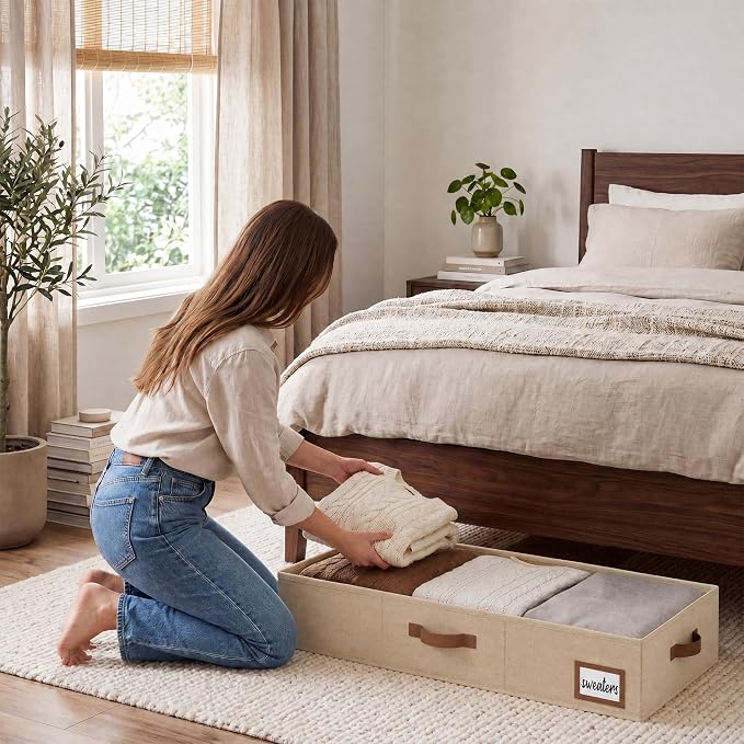 StorageWorks 6 Inch Low Profile Under Bed Storage Containers with Clear Lid | Reinforced Structure, Resists Sagging, Handles & Label Holder, Foldable Stackable Closet Storage for Clothes, Blankets, Toys