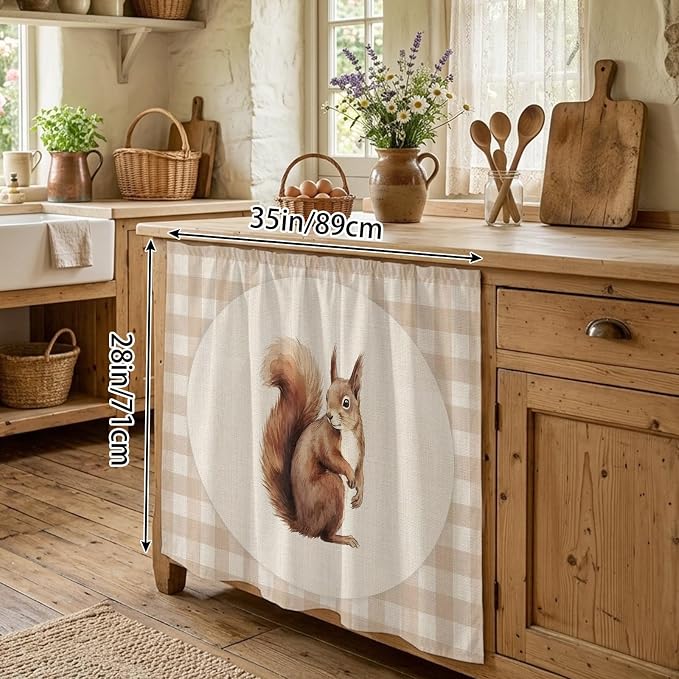 Squirrel Plaid Oven Skirt Curtain for Kitchen Decor 28"x35", Rustic Farmhouse Checkered Retro Animal Self Adhesive Stove Curtains Skirt Cabinet Curtains for Bathroom Laundry Room