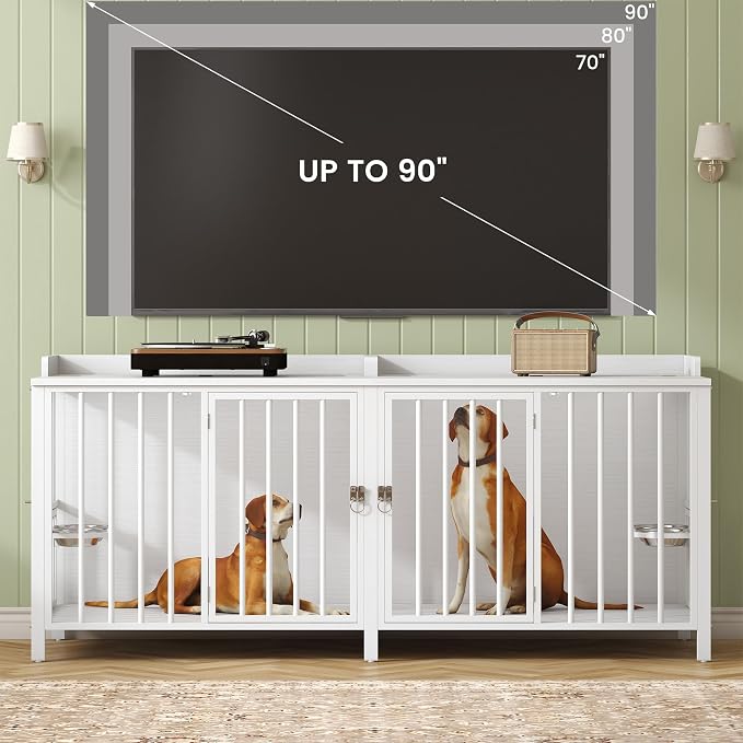 BOINN 78 Inch Dog Crate, Large Dog Crate for 2 Dogs, Dog Kennel Indoor for Large/Medium Dogs with Top Access Door, XL Wooden Dog Cage with 360 Degree Rotatable Stainless Bowls, Heavy Duty Steel Frame