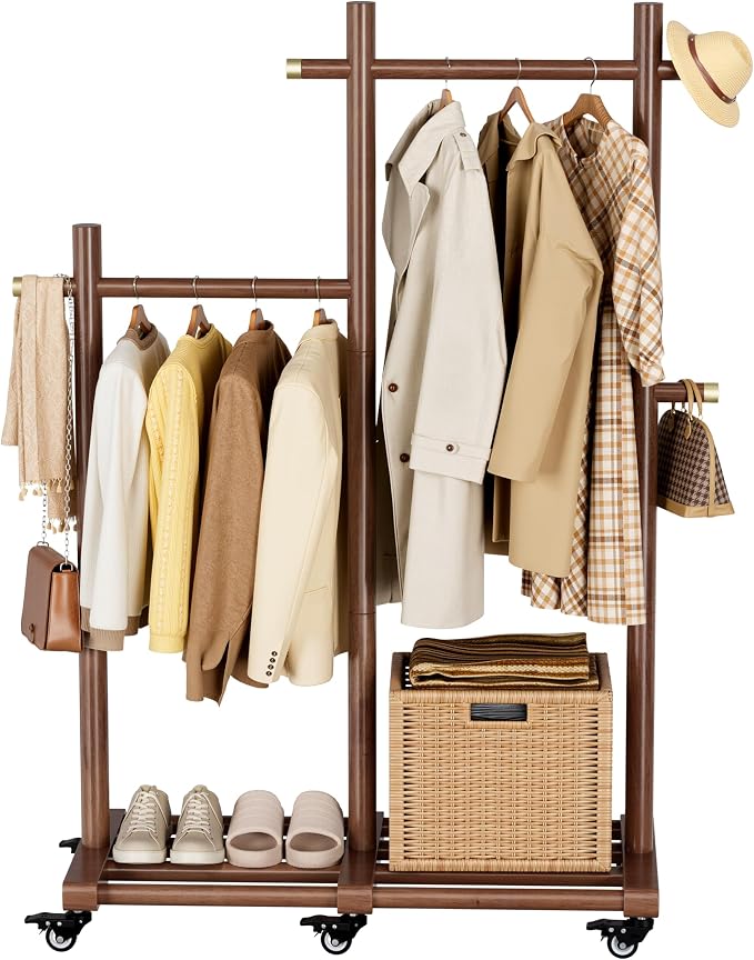 Wooden Clothing Rack, Double Pole Clothes Rack with 4 Hooks & 6 Wheels | Long and Short Clothing Section Design, Load Capacity 360Ib, Garment Rack for Hats, Scarves, Trench Coats, and Shoes