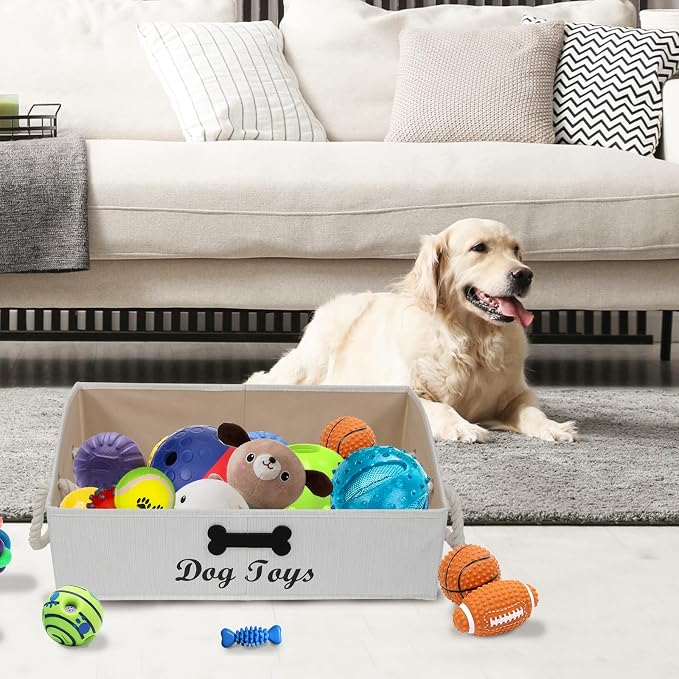 Large Dog Toys Storage Bins-Foldable Fabric Trapezoid Organizer Boxes with Cotton Handle,Can be Personalized,Collapsible Basket(Beige-Dog)