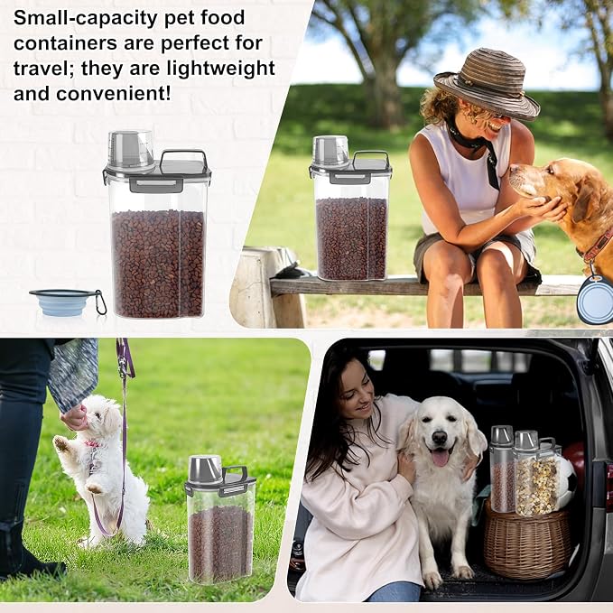 LEAWALK 3-5Lbs Airtight Small Cat Dog Pet Food Storage Containers BPA Free, with Large Pour Spout/1 Measuring Cup/ 4 Safety Locks and Double-layer Silicone Strip (Clear Black 2Pack)