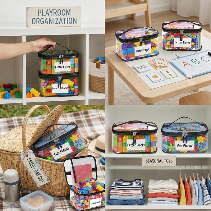 6 Pack Clear Toy Storage Bags, Kids Toy Organizer with Zipper | Waterproof PVC, Large Capacity for Puzzles, Blocks & Board Games, Easy Sorting with Labels