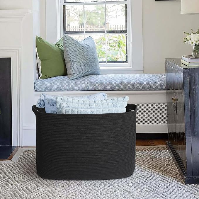 108L Extra Large Storage Basket, 25" x 16" x 16" Black Blanket Basket Living Room, Oversized Cotton Rope Blanket Storage, Woven Kids Dog Toy Bin Box Organizer, Laundry Shoes Towel Bin, Black