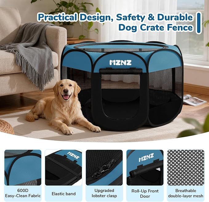 Dog Cat Small Animal Puppy Playpen Crate, Large, Blue Black | Portable Pop Up Pet Cage Enclosure Tent Kennel Indoor Outdoor with Carrying Case, No Assembly, Camping Use