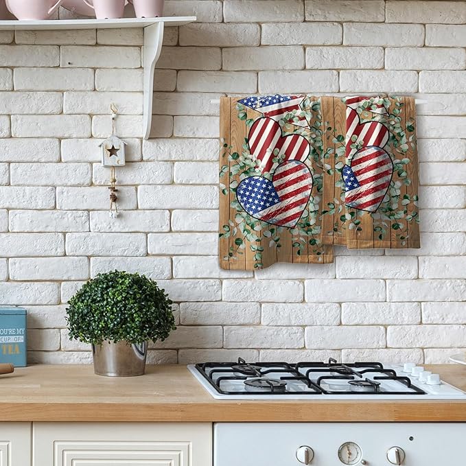 Giwawa American Flag Wood Hand Towels Set of 2 Eucalyptus Leaves Fingertip Towels Stars Heart Kitchen Dishcloth Face Towel Home Bathroom Decor