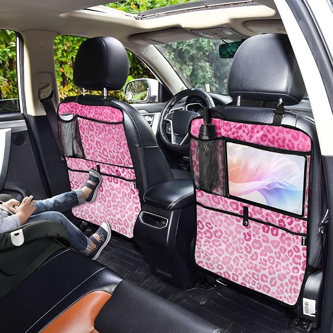 1 Pack Back Seat Car Organizer with Storage Pockets Kick Mats Back Seat Protector Hanging Car Organizer Automotive Seat Back Cover Organizers Gradient Pink Leopard Print