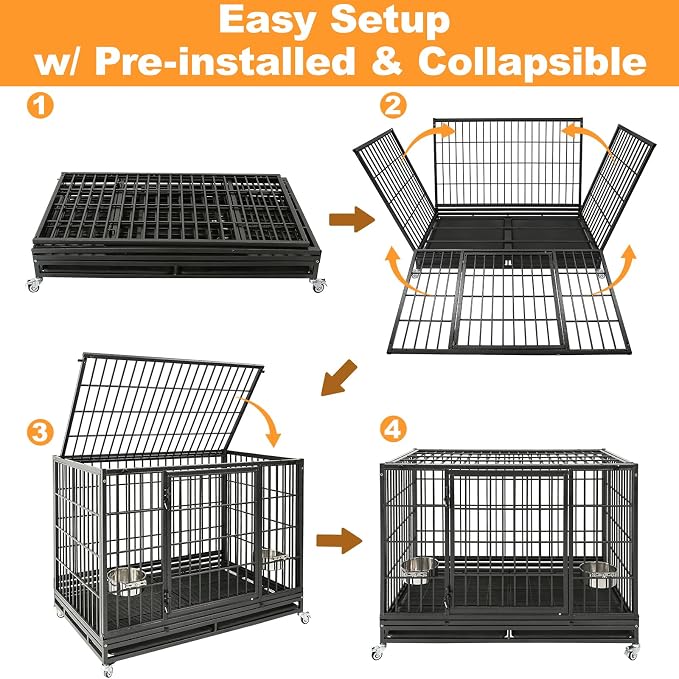 Homey Pet Two Tiers Heavy Duty Dog Crates for Large Dogs, 8 Pack | 47 Inch Stackable Large Dog Crate Cage with 4 Wheels, 2 Removable Trays and Grids, Multi Locks Strong & Solid Escape Proof