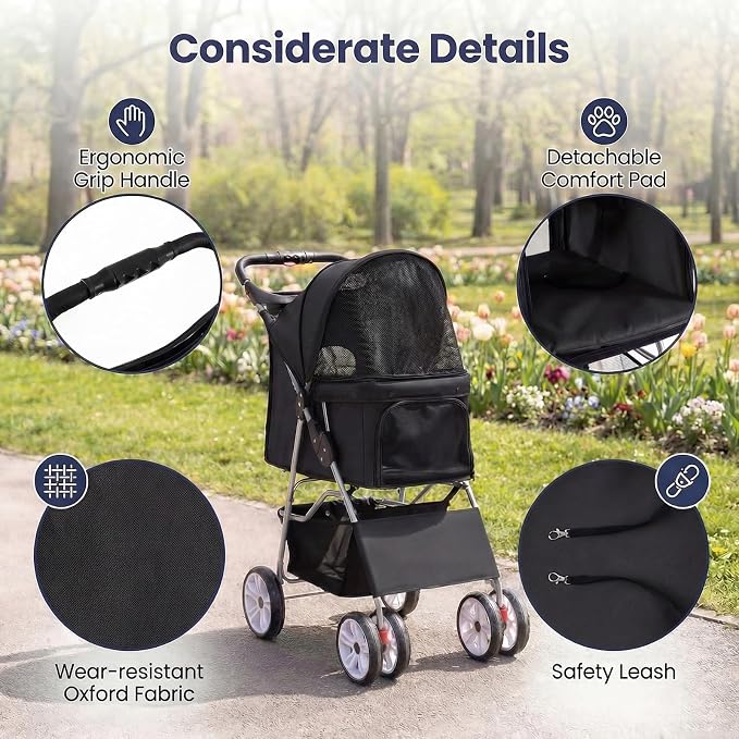Giantex Foldable Pet Stroller for Small Dogs & Cats, Lightweight Dog Stroller with Lockable Wheels, One-Hand Quick Fold, Adjustable Canopy, Safety Leash & Storage Basket, Pet Travel Stroller, Black