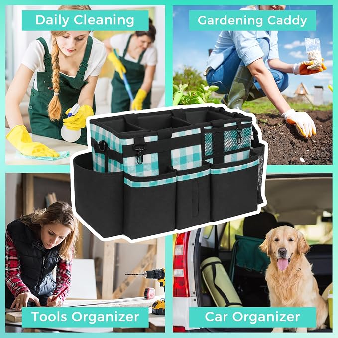 SCAVATA Wearable Cleaning Caddy, Cleaning Caddy Supplies Organizer with Handle & Shoulder Straps for Housekeepers, Under Sink & Car Cleaning Tool Organizers Bag with 4 Foldable Divider (BluePlaid)