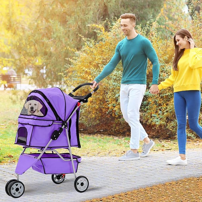 Dog Stroller with Storage Basket,3 Wheels Pet Stroller,Breathable Compact Portable Folding Carrier for Travel,Camping,Dog Carrier for Small Medium Dogs Or Cats,Lightweight Waterproof Pet Stroller