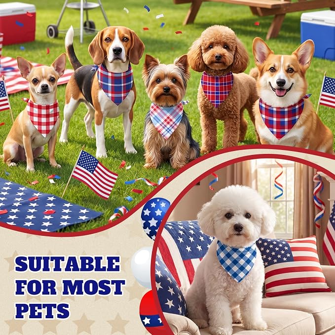 Abbylike 50 Pcs Red White and Blue Plaid Dog Bandanas Bulk Patriotic Gingham Bandana for Dogs Triangle Kerchief Bib Scarf for Pet Veterans Day Thank You Veterans Party Costume, 25 Styles, Small