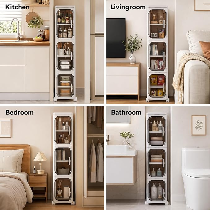 Narrow Slim Bathroom Storage Cabinet, 2 Tier with Wheels, Foldable, White | Tools Free, Adjustable Shelves,Lockable Wheels, Magnetic Door, PET and ABS, Storage for Narrow Spaces