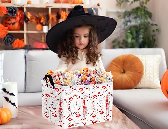 Large Halloween Themed Candy Gift Boo Basket for Kids Baby Personalized Adults Storage Bin Fall Decor(Fingerprint Blood Stain)