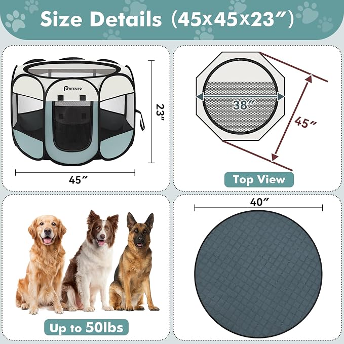 Persure Dog Cat Pet Playpen Puppy Crate Cage for Indoor Outdoor Travel | Nursing Rest Zone Recovering Pet Quarantine Room Portable Pop Up Easy to Set up lightweight Carrying Bag(Grey with Pad,Large)