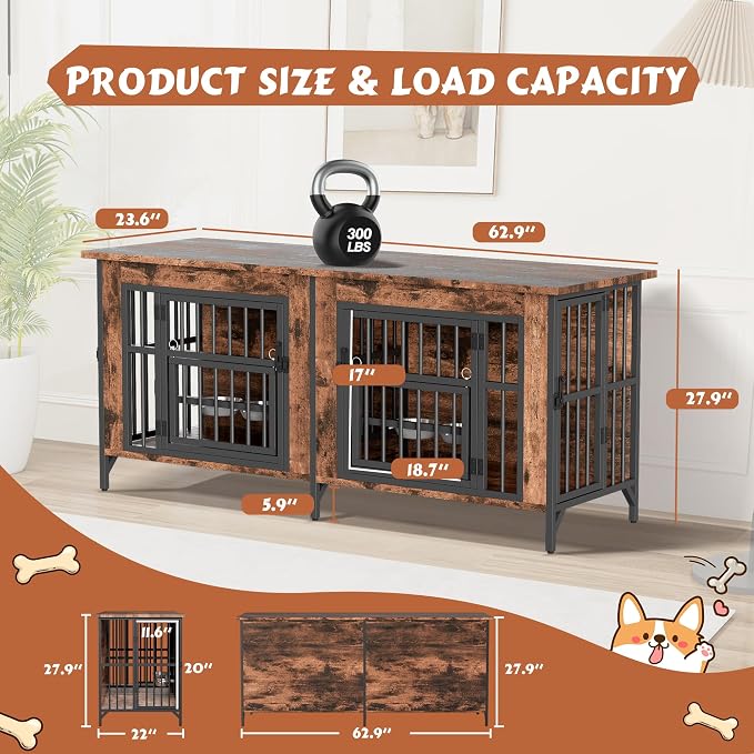 63'' Double Dog Crate Furniture, Wooden Dog Kennel with Removable Divider for 2 Dogs, XL Dog House Indoor with Rotating Bowl Holders, Heavy Duty Dog Crate TV Stand (62.9"L x 23.6"W x 27.9"H)