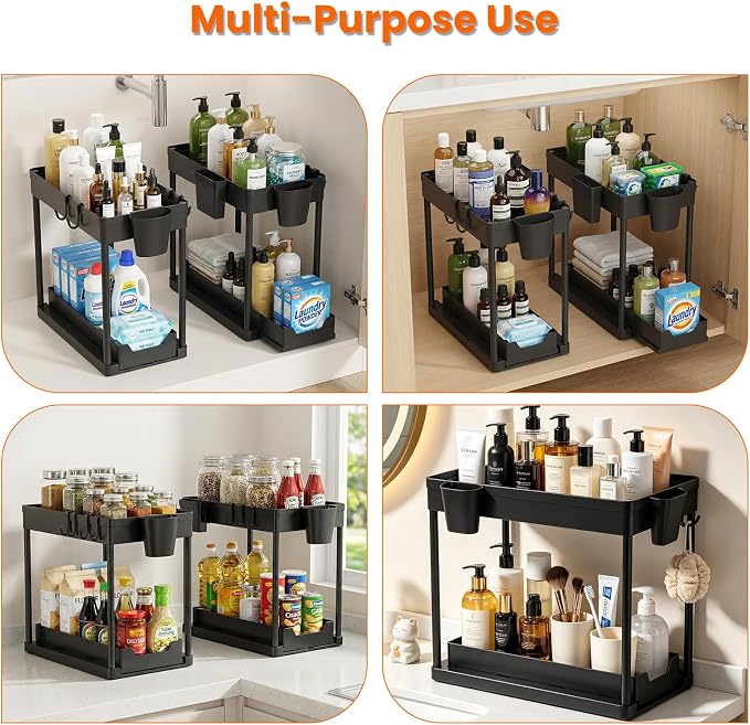 Under The Sink Organizer 1 Pack, 2 Tier Sliding Under Cabinet Organizer | Pull Out Under Sink Storage Multi-Use Undersink Organizers for Countertop, Bathroom, Pantry and Office Organization