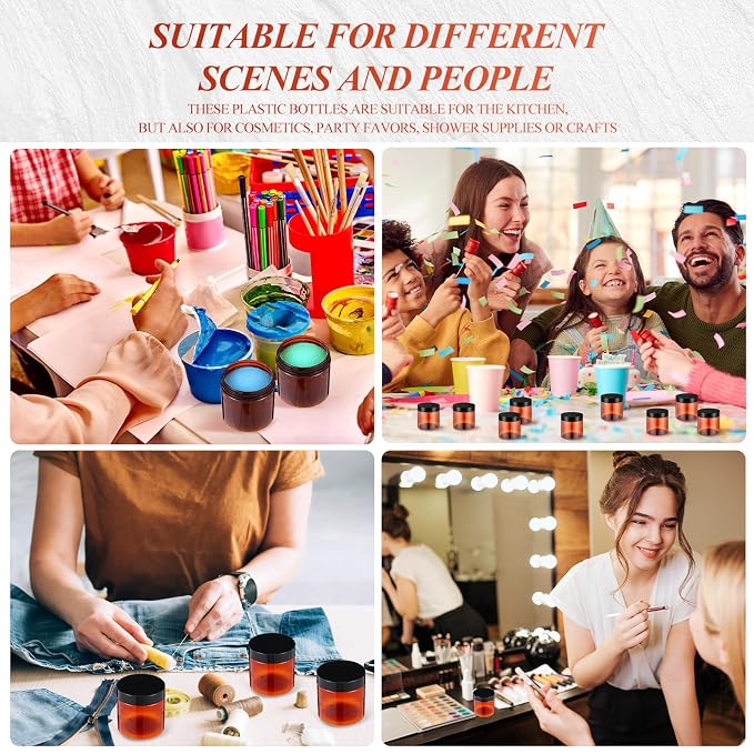 Patelai 60 Pcs Plastic Containers with Lids, Round Leakproof Cosmetic Containers, Multipurpose Storage Jars for Makeup, Lotion, Ointment, Rhinestone Samples, Dry Food and Toiletries(Amber,8oz)