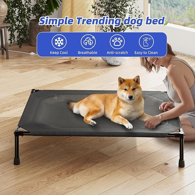 Simple Trending Elevated Dog Bed for Large Dogs, Waterproof Raised Dog Cot | Washable Mesh, Cooling Breathable Pet Bed for Outdoor, Portable Pet Cots, Anti-Slip Feet, Easy to Clean, 42" x 31", Black