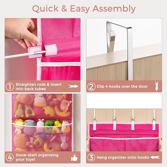 Over the Door Hanging Organizer, Extra-Large Door Storage Organizer with 4 Deep Mesh Pockets, Space-Saving Hanging Storage for Bedroom & Home Organization, Pink