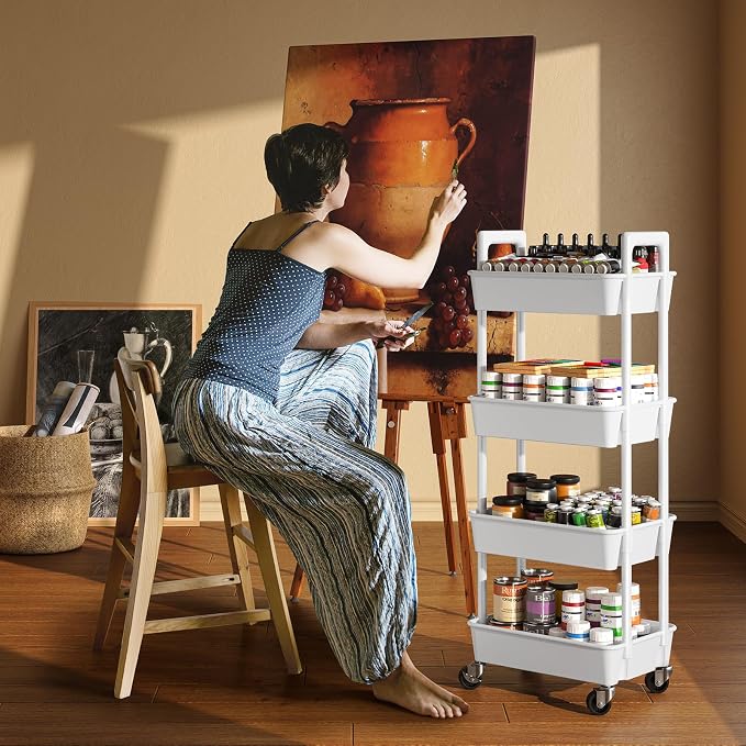 Pipishell 4 Tier Rolling Cart Organizer, Plastic Rolling Cart with Lockable Wheels & Reinforced Handle, Lightweight Utility Storage Cart for Nursery, Kitchen, Craft Room, White