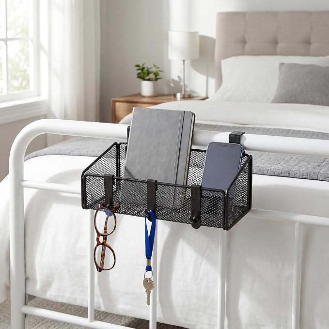 Bedside Shelf for Bed & Bunk Bed Storage Basket Office Cubical Wall Hanging Organizer - 5 Different Size Hooks - College Dorm Home Office Essentials for Phone,Book,Drink,Tissue (Black)