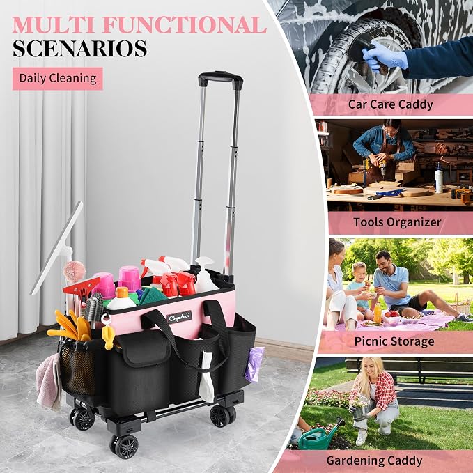 Chyaidach Rolling Cleaning Caddy, Cleaning Supplies Organizer with Trolley, Wearable Cleaning Tote Bag on Wheels with Hard Bottom, Cleaning Carts for Housekeepers/Home/Car/Office/Picnic (Pink)