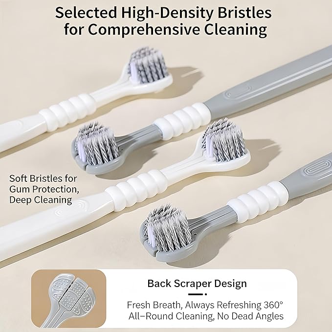 CGO Three-Sided Dog Toothbrush for Large Dogs – 4-Piece Three-Head Pet Toothbrush, Gentle Cleaning, Extra-Soft Bristles, Three-Sided Dog Teeth Cleaning Set, Comprehensive Oral Care (Gray-White)