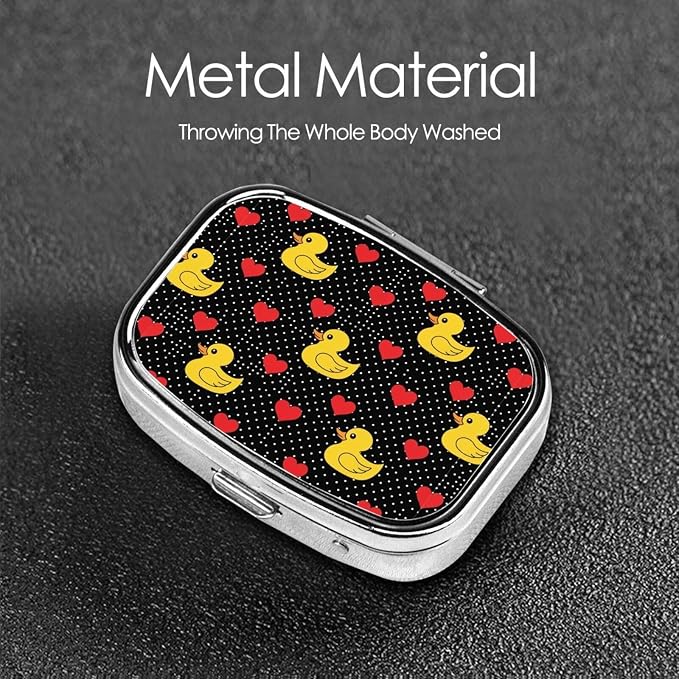 Travel-Sized Pill Organizer Compact Compartment Vitamin Case Cruise Flight Carry-On Must-Have, Black Red Love Hearts Polka Dots Yellow Rubber Ducks