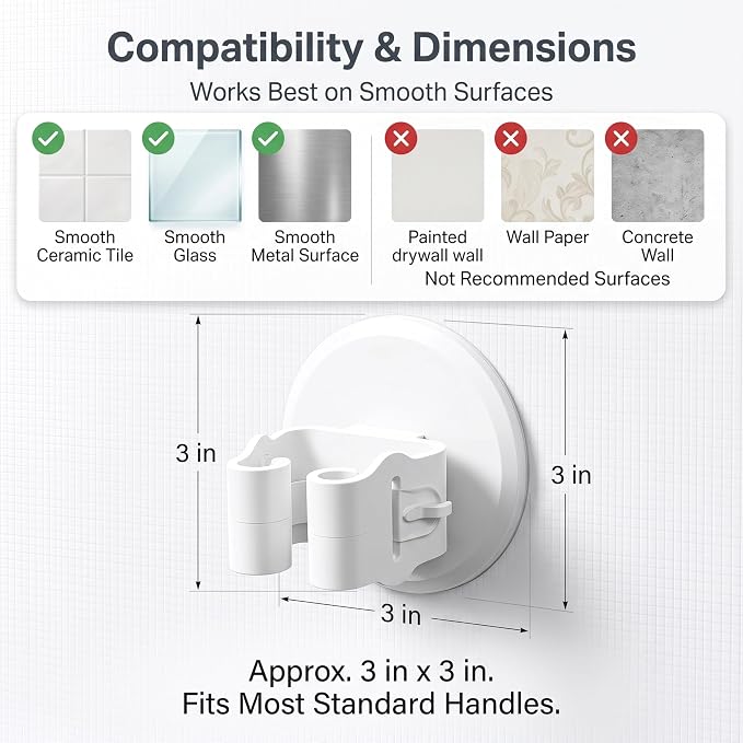 Broom Holder Wall Mount Adhesive 3 Pack Mop Holder Wall Mount, Broom Gripper, Broom and Mop Organizer Wall Hanging, No Drill Broom Hanger for Bathroom, Kitchen, Laundry Room, Garage Holds up to 4 lb