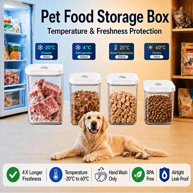 BARRYSAIL Vacuum Pet Food Storage Set with Pump, 4-Piece Airtight Canister | Keeps kibble fresh 4x longer. BPA-free, stackable clear jars. Safe -4-140°F. For dog/cat dry food & treats. 1500/1000*2/700ml